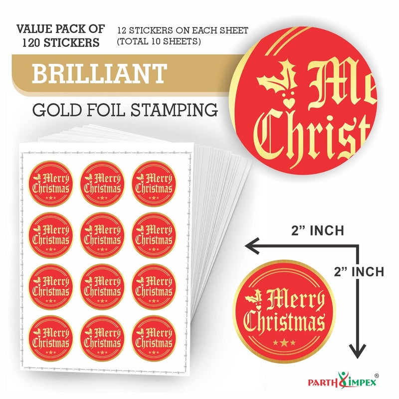 PARTH IMPEX Merry Christmas Stickers Seals Labels - (Pack of 120) 2" Large Round Gold Foil Stamping on Red for Cards Gift Envelopes Boxes - Image 2